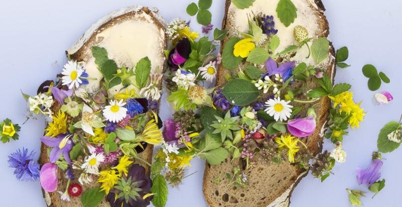 Twee bruin boterhammen belegd met kleurrijke bloemen en blaadjes