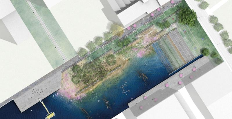Ontwerptekening De Urbanisten met bovenaanzicht van het Getijdenpark aan de Keilewerf
