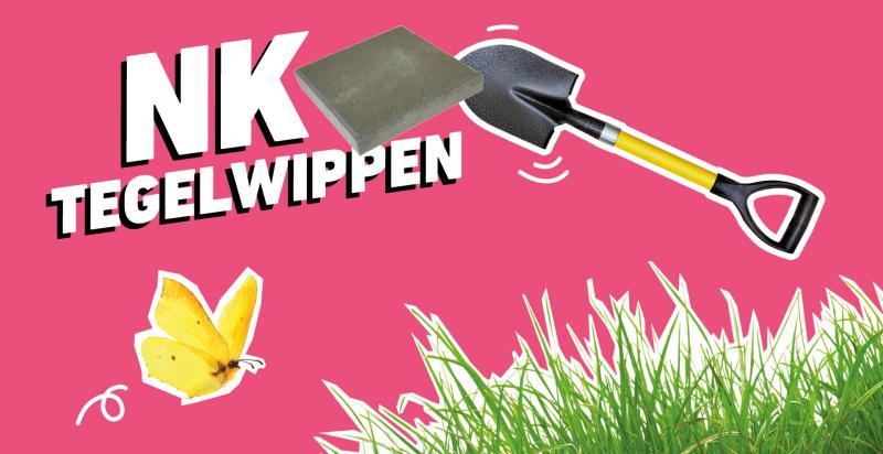 Animatie met de tekst 'NK Tegelwippen' tegen een roze achtergrond met daaromheen een schop, stoeptegel, vlinder en grasveld