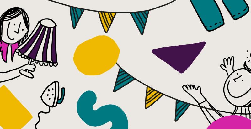 Illustratie voor het openingsfestival van De HER, er staan twee poppetjes op omgeven door slingers.