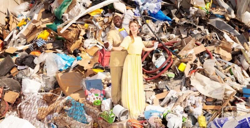 Man en vrouw staan glimlachend in een berg met afval