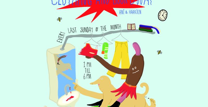 animatie van een persoon op een hond die kleding en boeken pakt