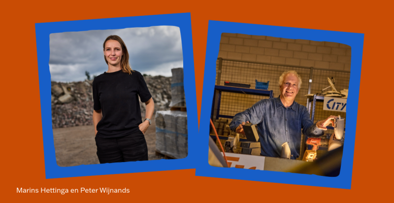 Portretten van Marins en Peter op een oranje achtergrond met blauwe accenten