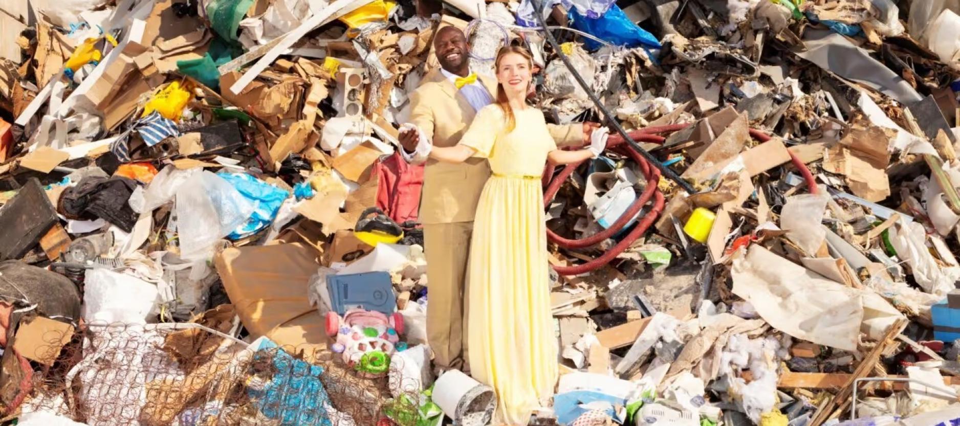 Man en vrouw staan vrolijk in een berg vol afval