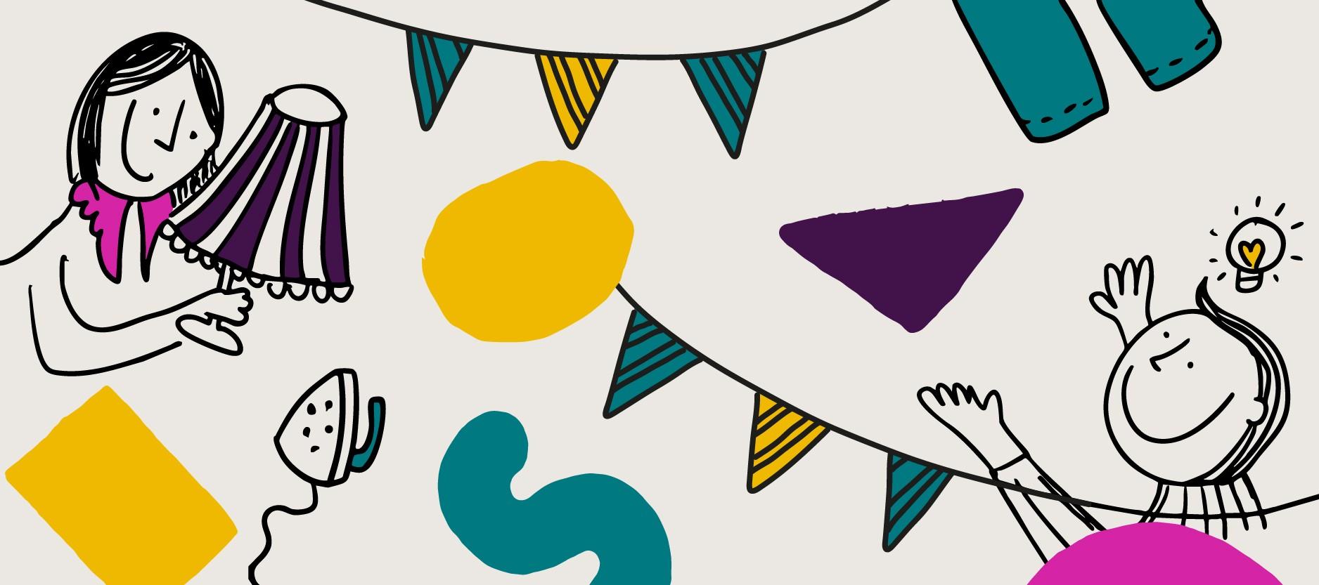 Illustratie voor het openingsfestival van De HER, er staan twee poppetjes op omgeven door slingers.