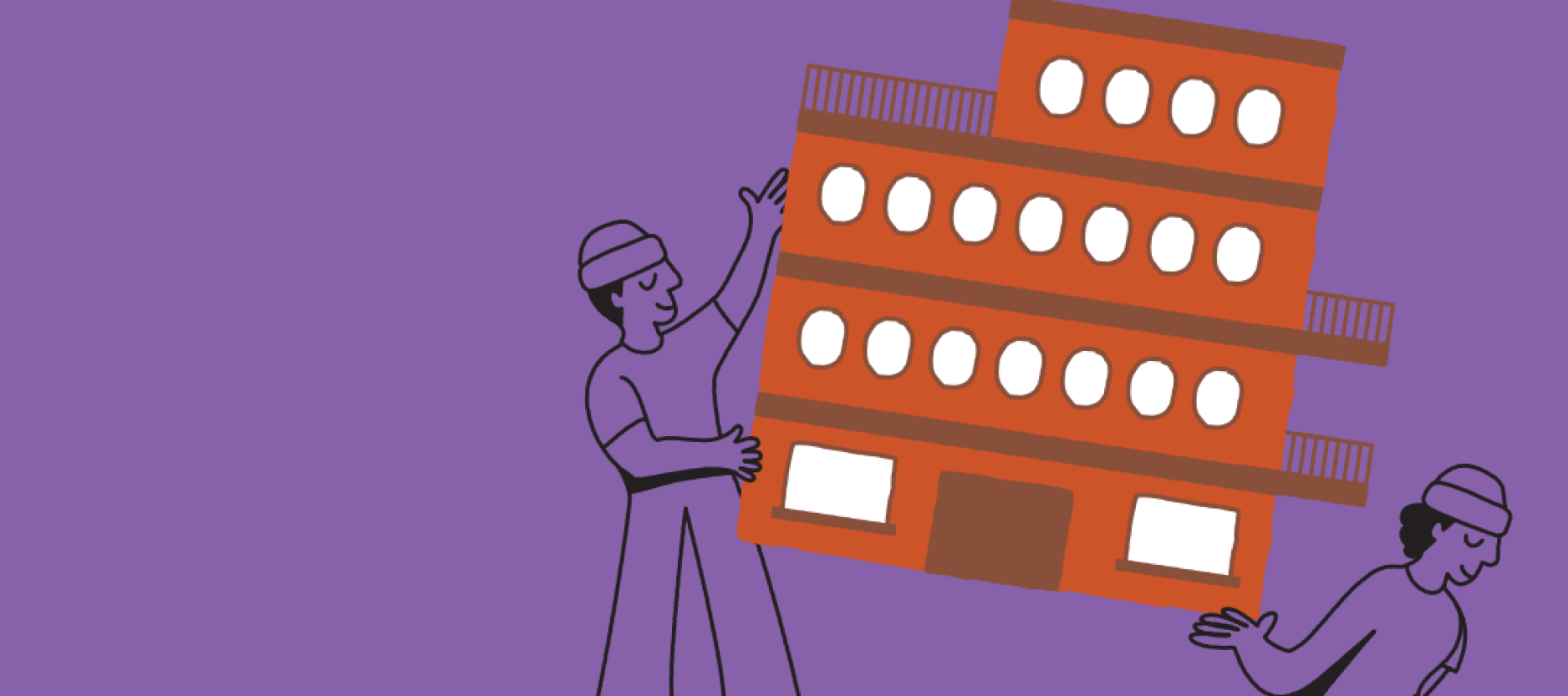 Twee mannetjes verplaatsen een gebouw