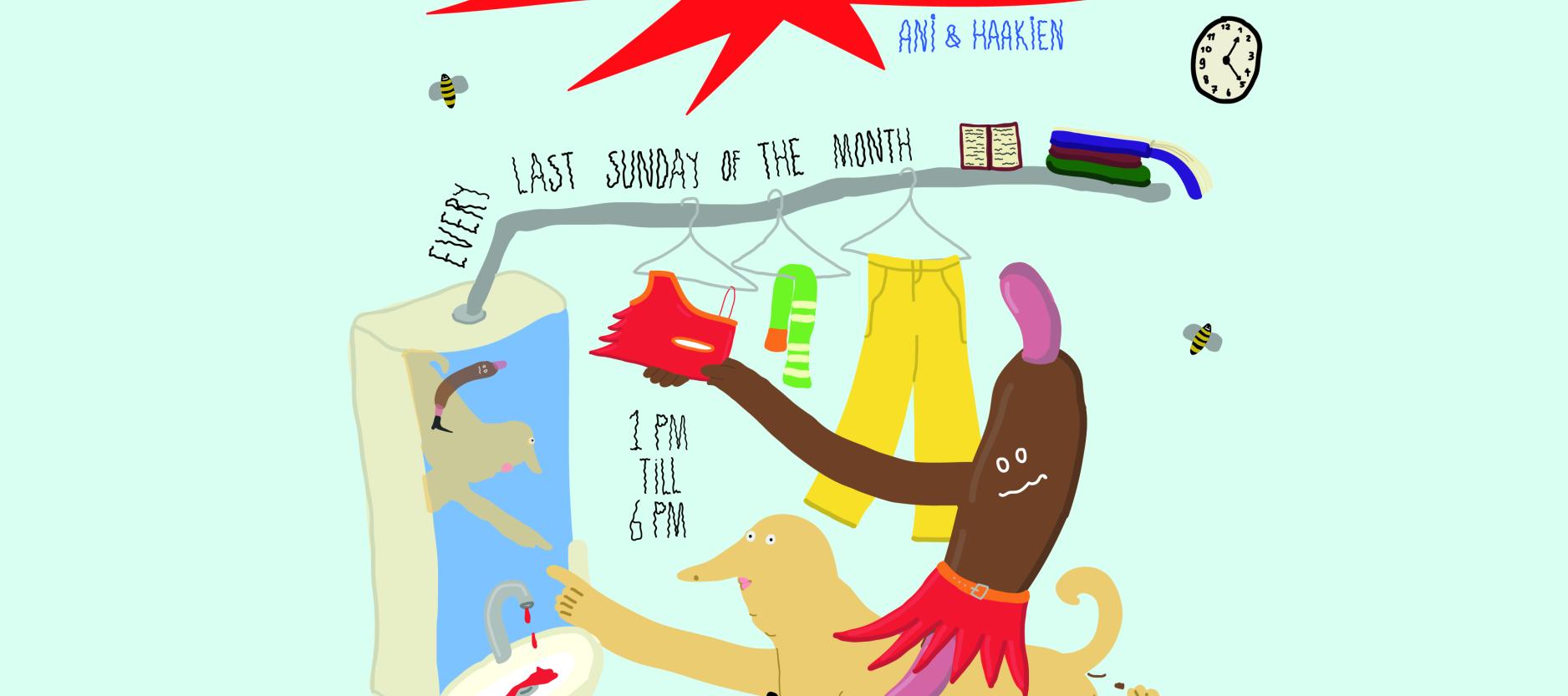 animatie van een persoon op een hond die kleding en boeken pakt