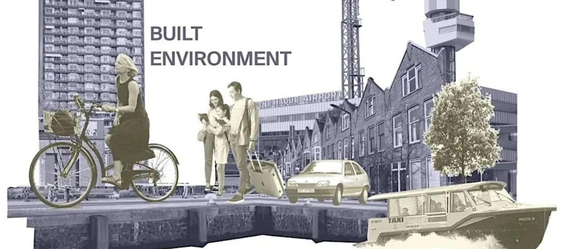 Beeld met gebouwde omgeving en mensen